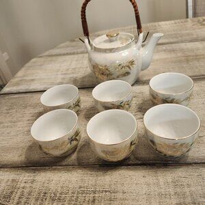 Vintage Gold Bamboo Design Porcelain Japanese Tea Pot and 6 Cups